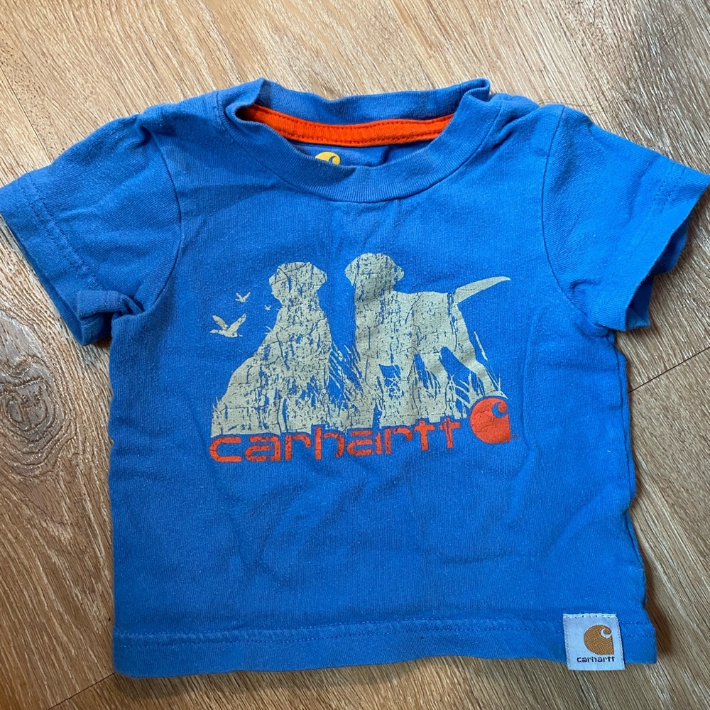 Carhartt Blue Short-Sleeve Puppy Graphic Tee with Orange Logo